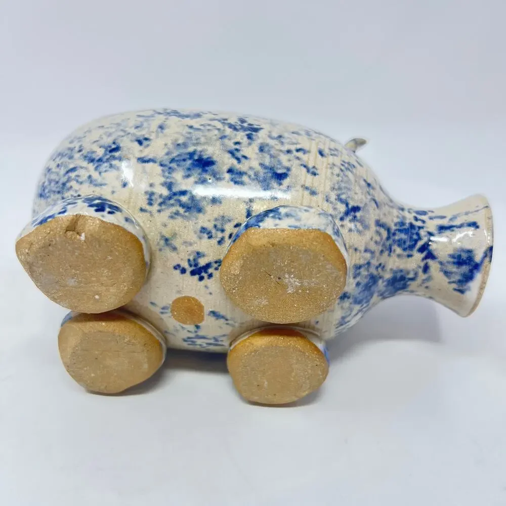 Vintage 80s Blue Spongeware Piggy Bank Stoneware Handmade Studio Pottery Pig